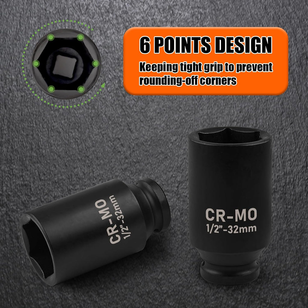 1/2" Drive Deep Impact Socket, 18mm Socket, CR-MO, Metric, 6 Point