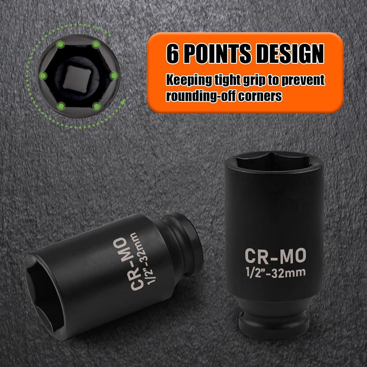 1/2" Drive Deep Impact Socket, 18mm Socket, CR-MO, Metric, 6 Point