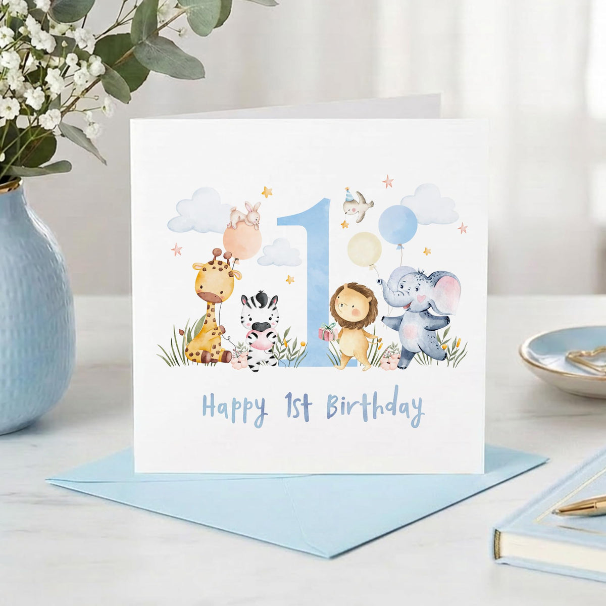 1st Birthday Card for Girls, Cute Jungle Safari Animals, Happy Birthday Card for One Year Old (Pink)