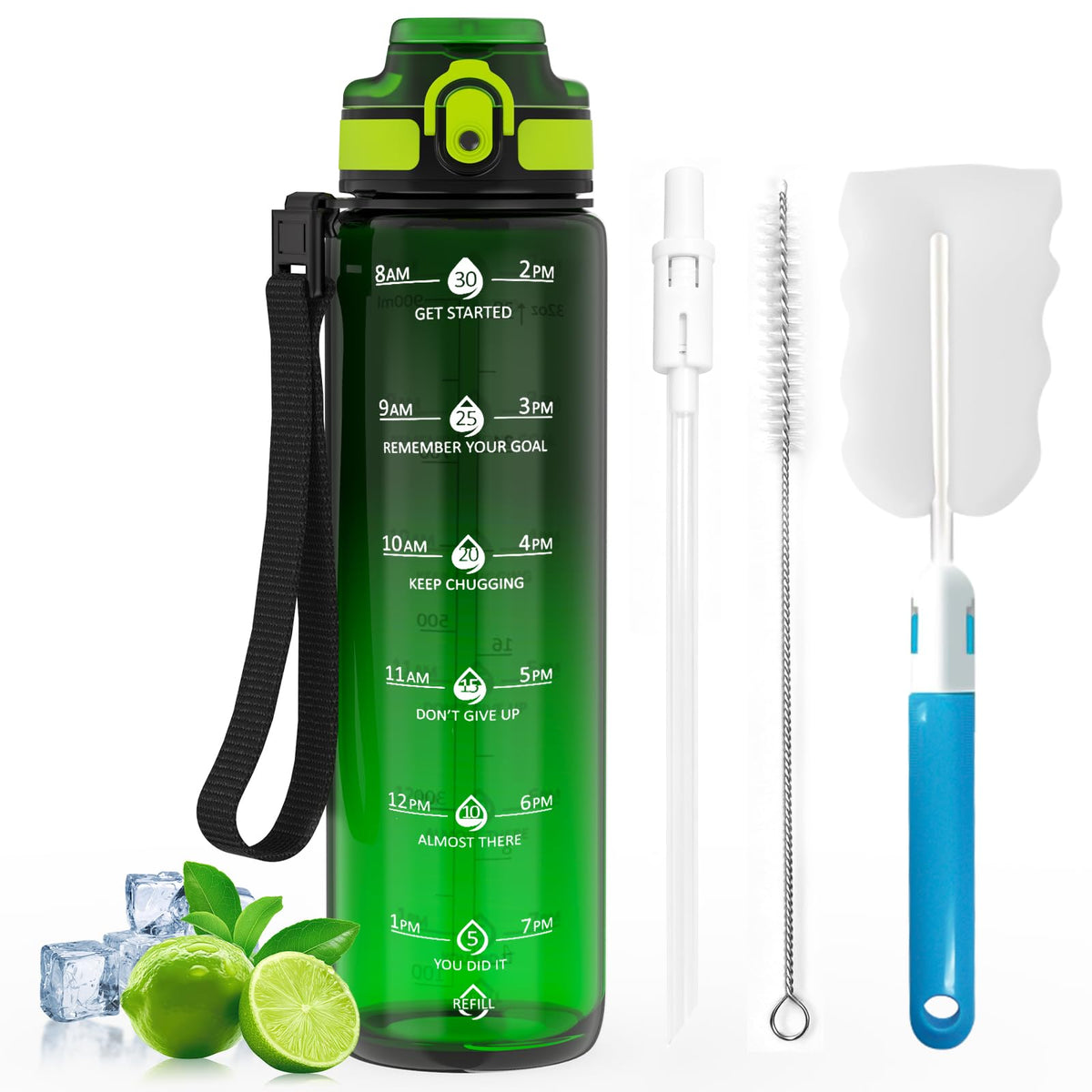 1L Water Bottle Made of BPA-Free Tritan Material, Sports Water Bottle with Removable Straw & Hydration Time Markerings, Ideal for Gym, Travel, Home, School and Outdoor Activities - Gray Gradient