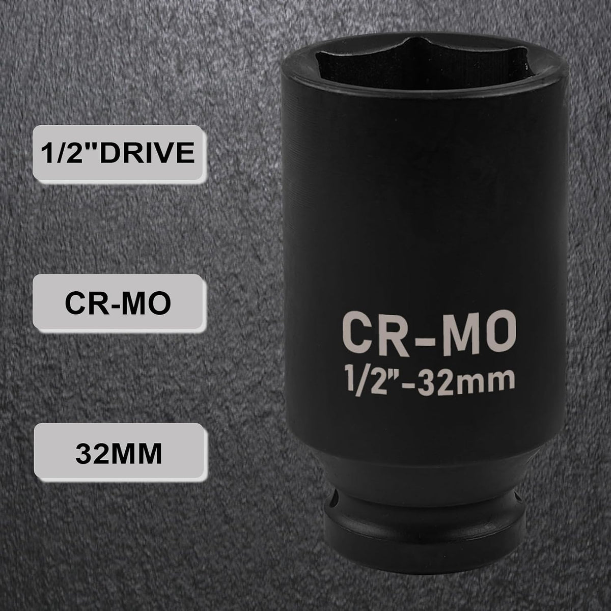 1/2" Drive Deep Impact Socket, 18mm Socket, CR-MO, Metric, 6 Point