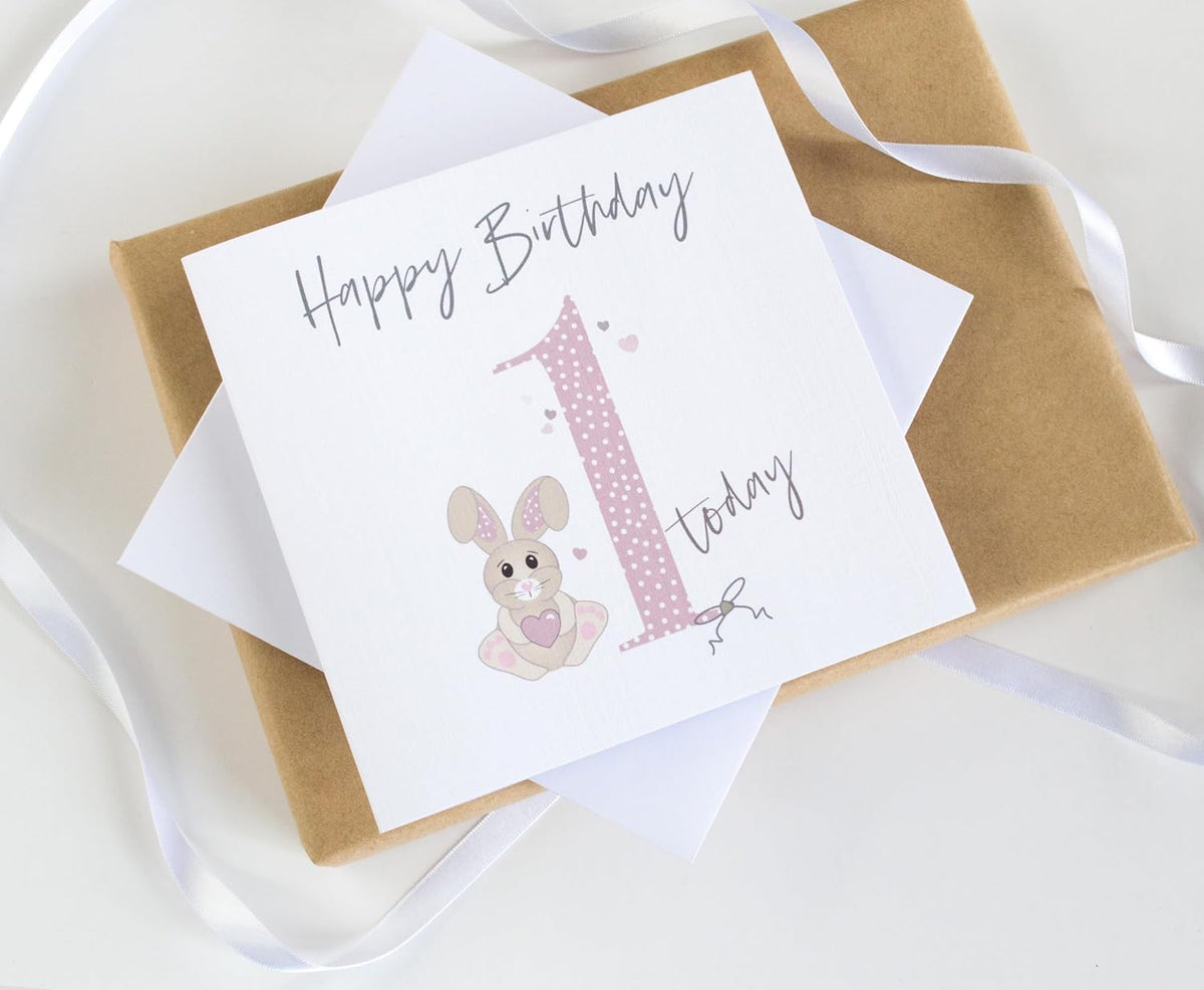 1st Birthday Card Girl Bunny - Handmade Rabbit 1 Today Birthday Card - Pink - Size 15 x 15cm