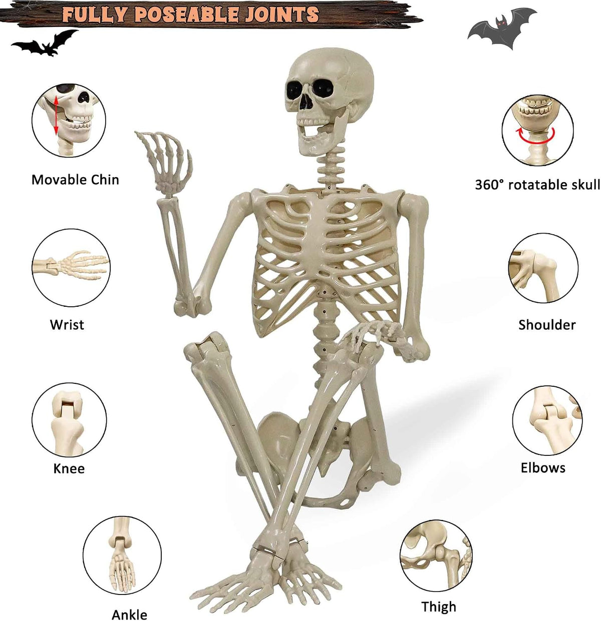 2 Pack 36"Halloween Skeleton - 3 ft Life Size Human Skeleton with Full Body Posable Joints Plastic Skeleton for Halloween Skeletons Decor Yard Patio Lawn Garden Skeleton Props Spooky Party Decoration