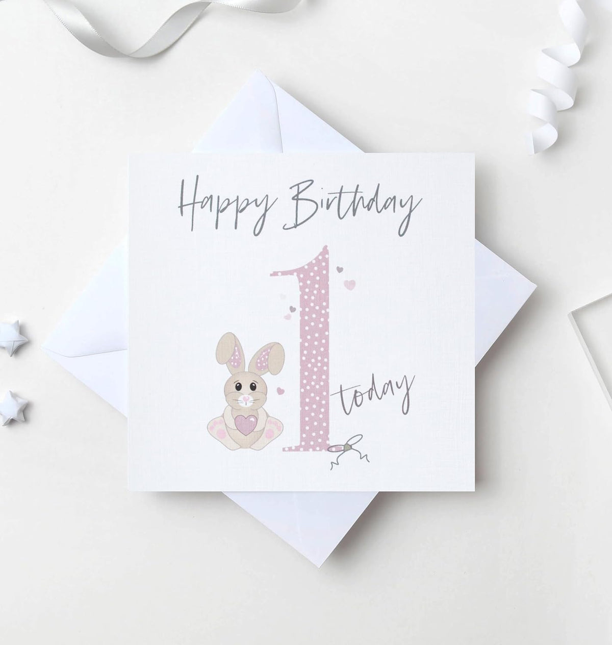 1st Birthday Card Girl Bunny - Handmade Rabbit 1 Today Birthday Card - Pink - Size 15 x 15cm